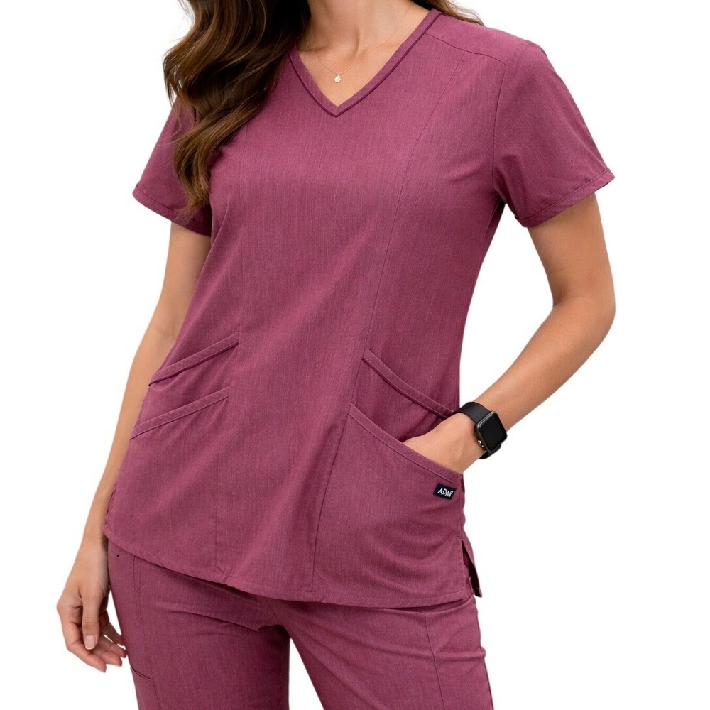 Adar‎ PRO Heather Scrub Top Women Small Mauve Wine V-Neck Pocket Medical